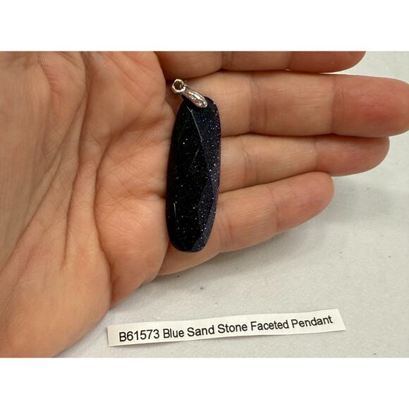 Sandstone Faceted Pendant 925 Sterling Silver Bale Oval Navy Blue Sparkling 6.8g - Picture 5 of 11